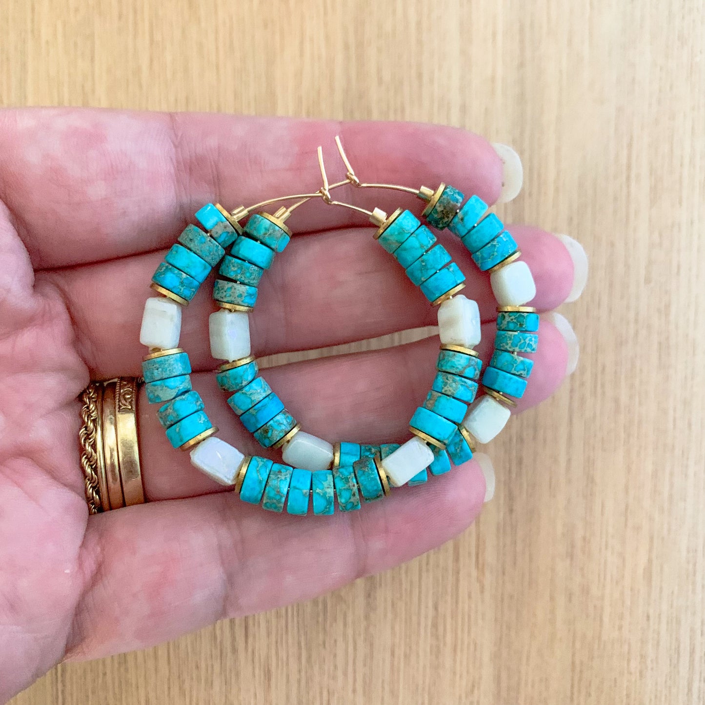 Turquoise and White Hoop Earrings
