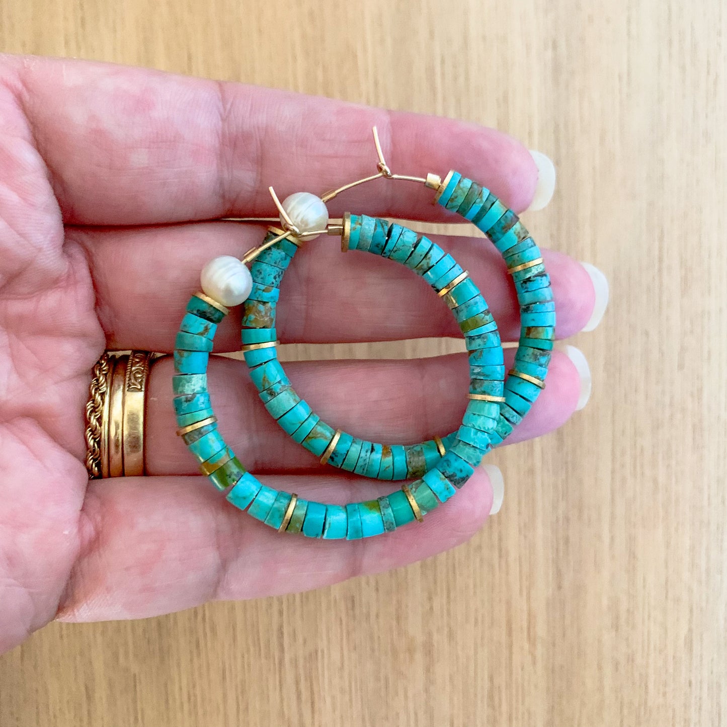Turquoise and Pearl Hoops