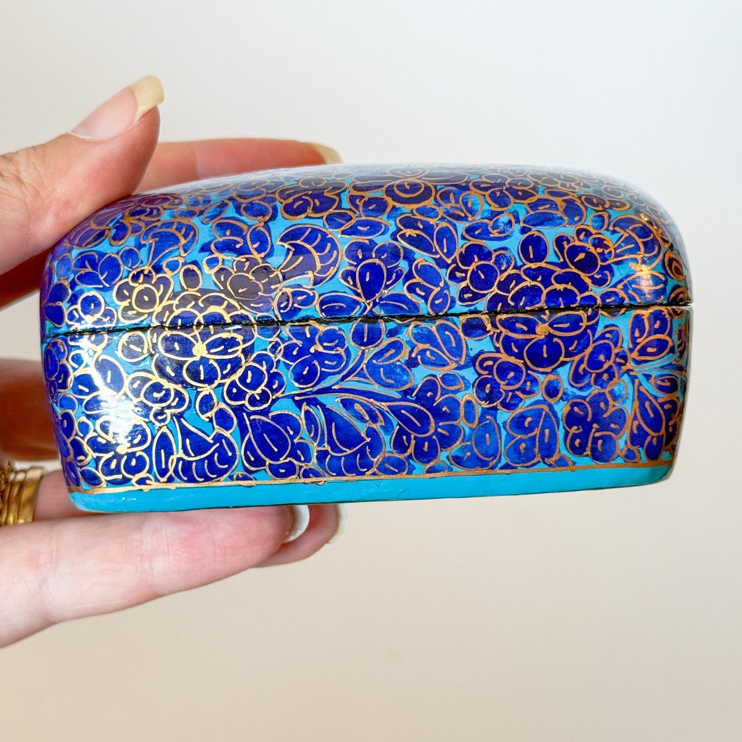 Vintage Kashmir Indian Lacquered Domed Box With Flowers