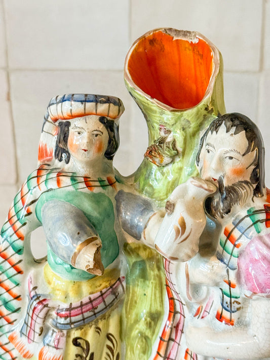 Antique English Staffordshire Spill Vase Decorated With a Scottish Man and Woman, Circa 1860