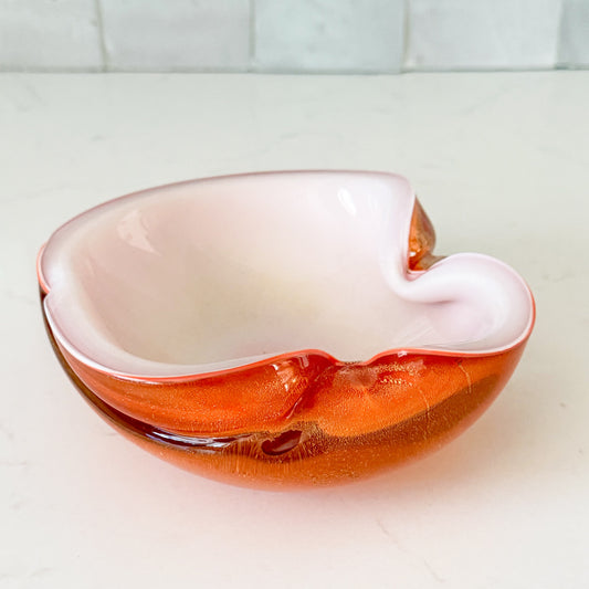 Mid Century Barbini Murano Orange and White Gold Flecks Italian Art Glass Bowl
