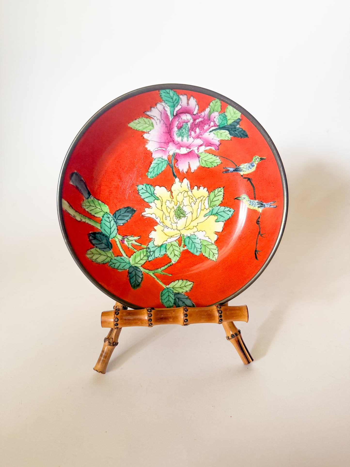 1970s Vintage Brass Encased Peony Chinoiserie Catchall Dish