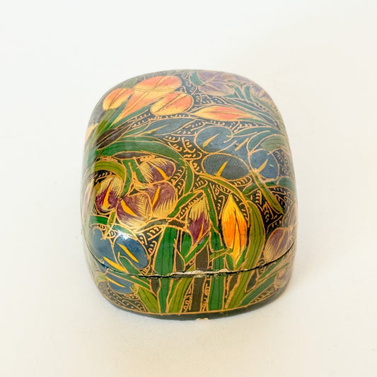 Vintage Kashmir Indian Lacquered Domed Box With Lilies