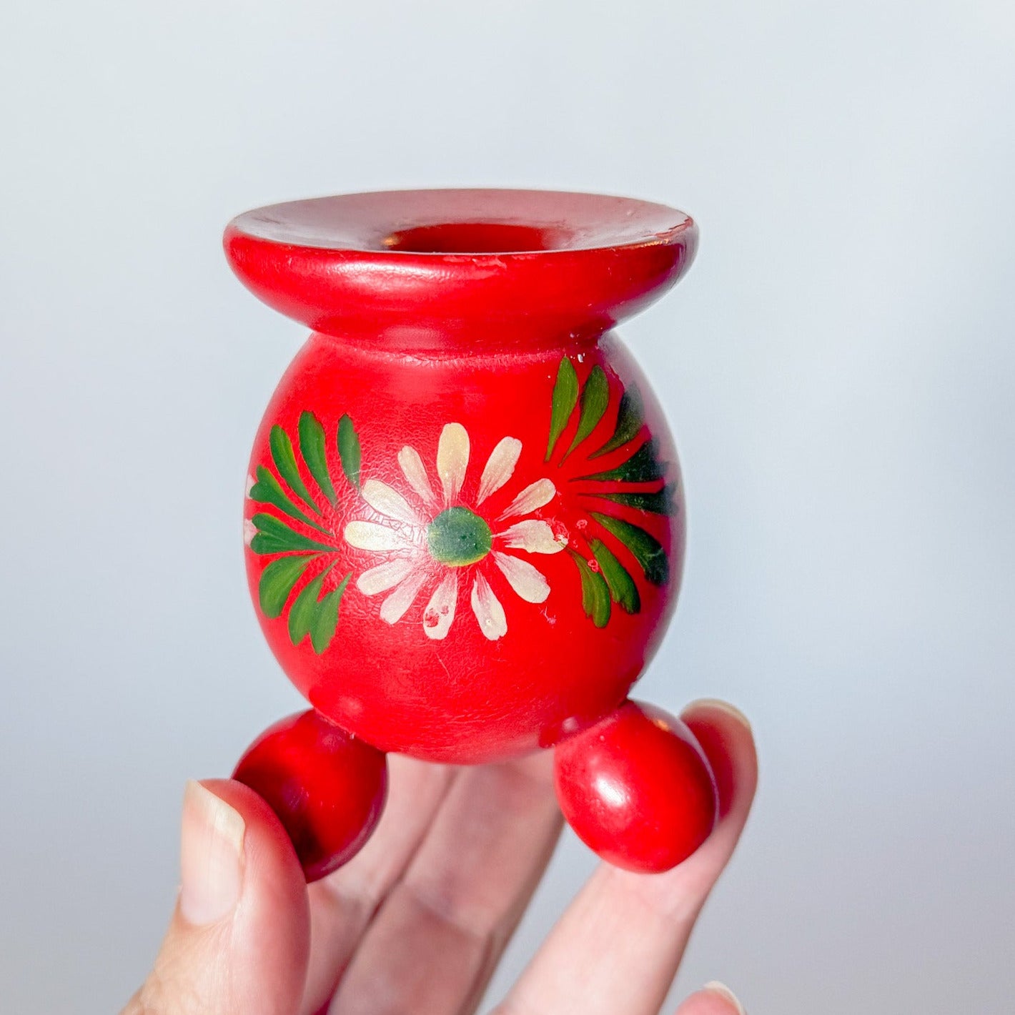 Vintage Swedish Folk Art Wooden Red Candlestick Holder