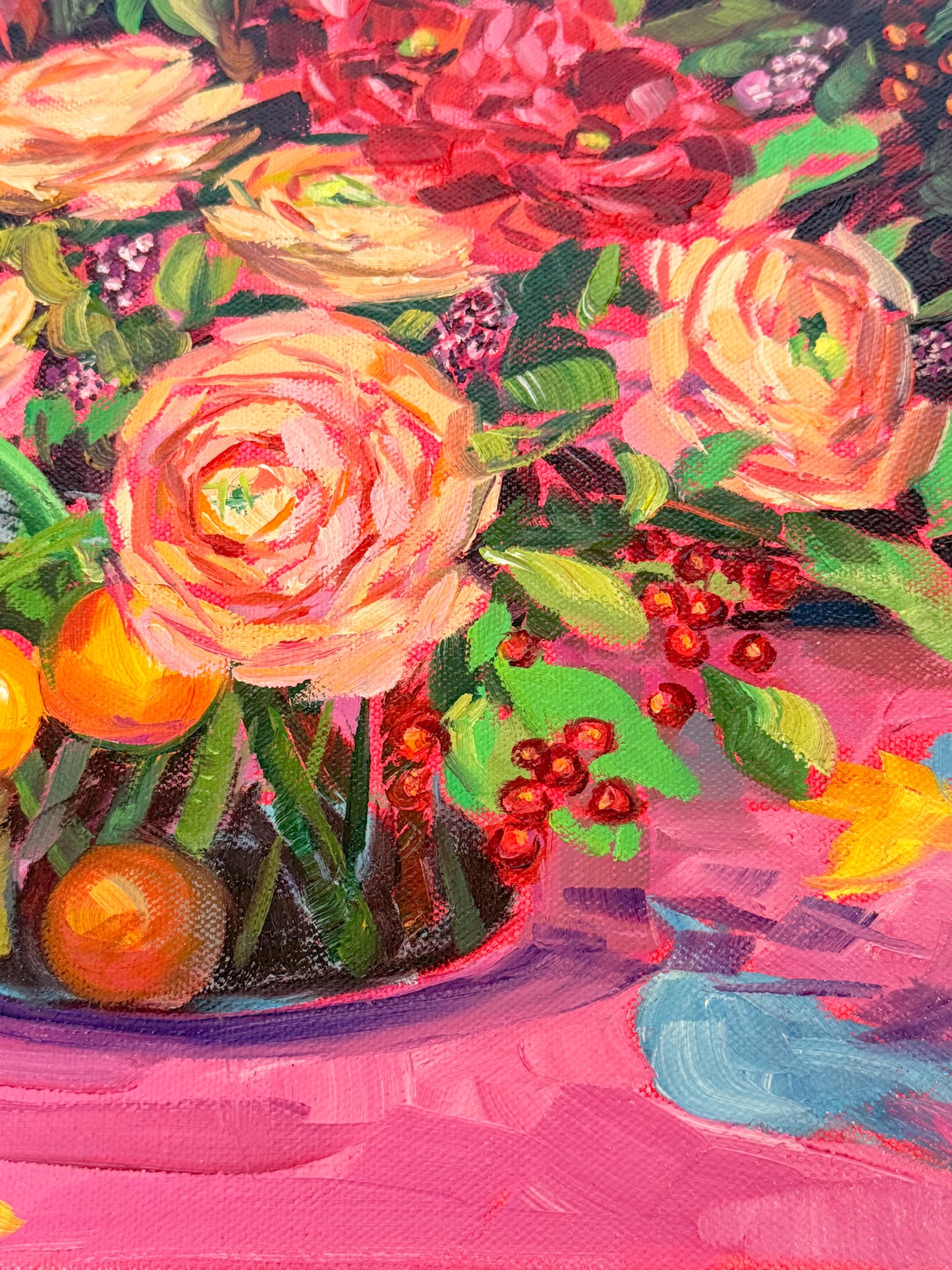 Vibrant Oil Painting, Bouquet of Ranunculus and Oranges, Margaret Owen (20th Century)