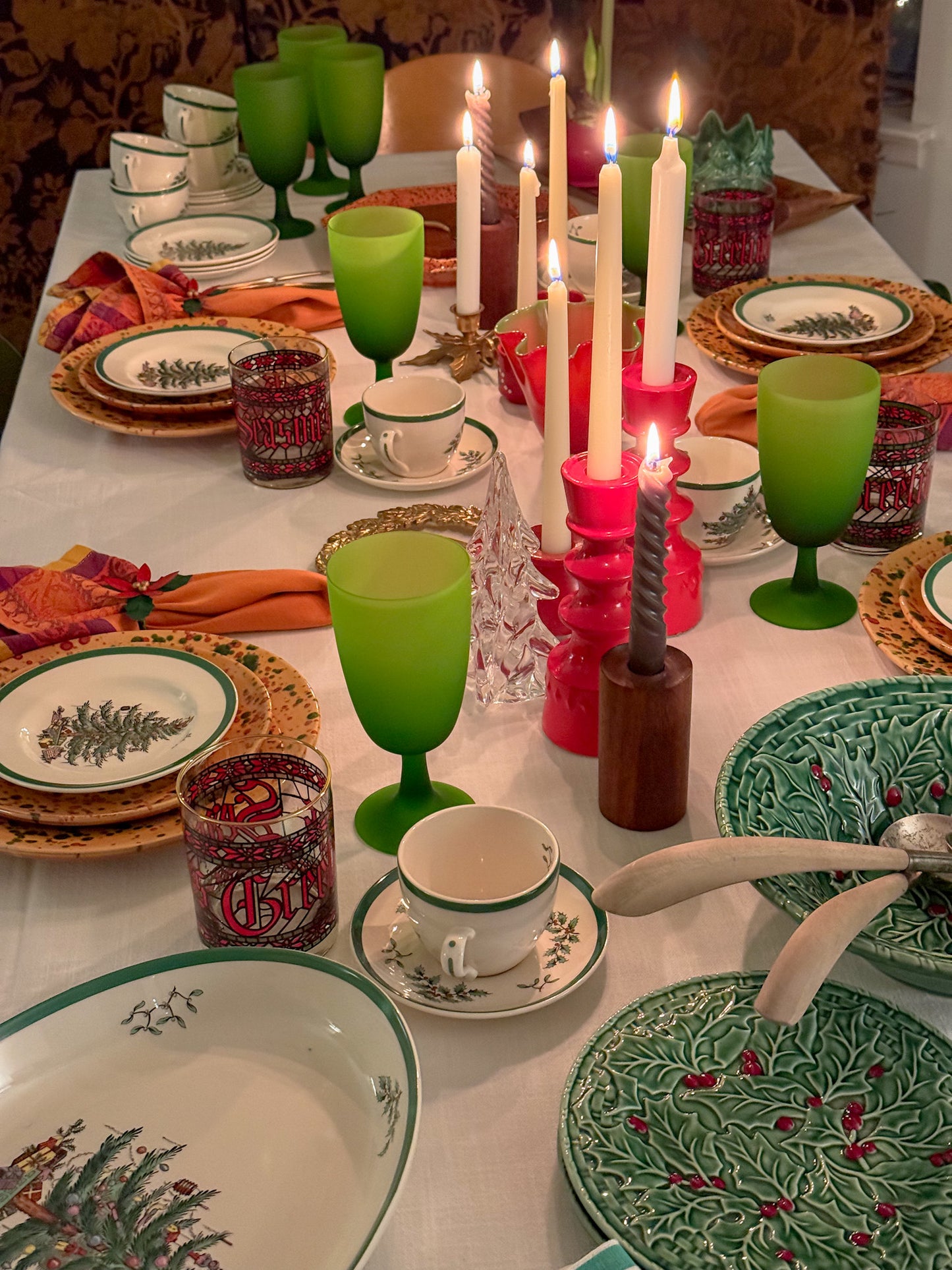 1960s Carlo Moretti Italy Satinato Frosted Green Wine Water Glasses - Set of 7