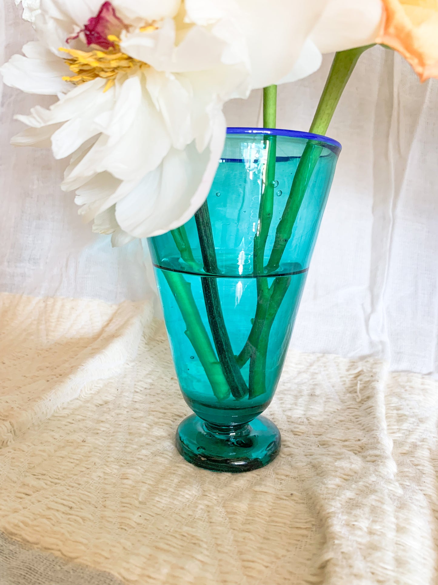 Teal and Cobalt Blue rimmed blown glass vessel