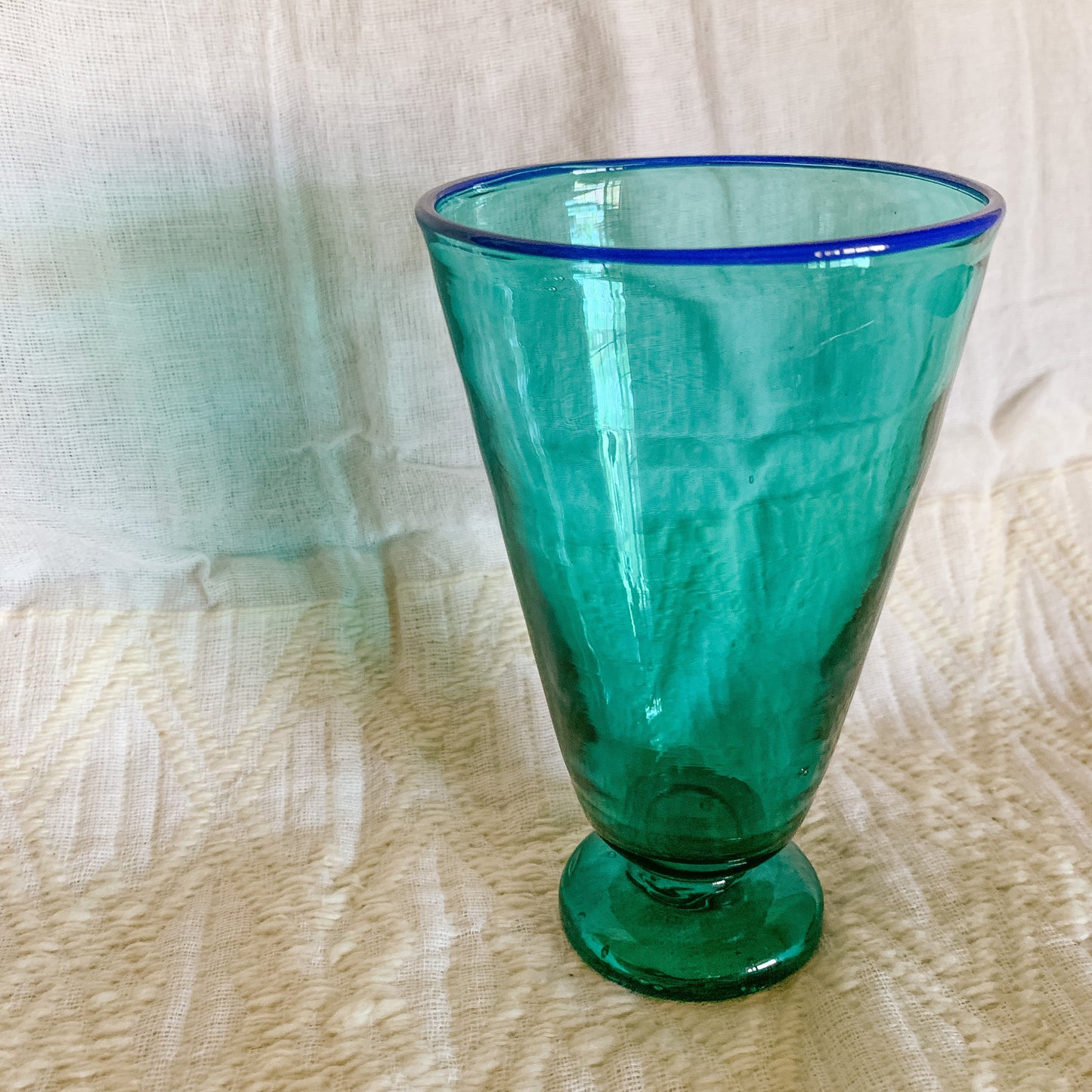 Teal and Cobalt Blue rimmed blown glass vessel