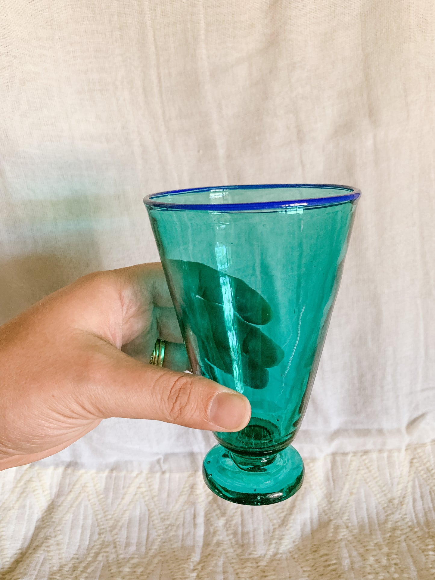 Teal and Cobalt Blue rimmed blown glass vessel
