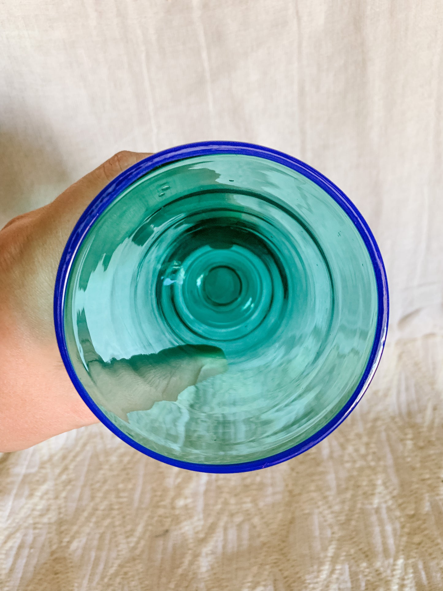 Teal and Cobalt Blue rimmed blown glass vessel