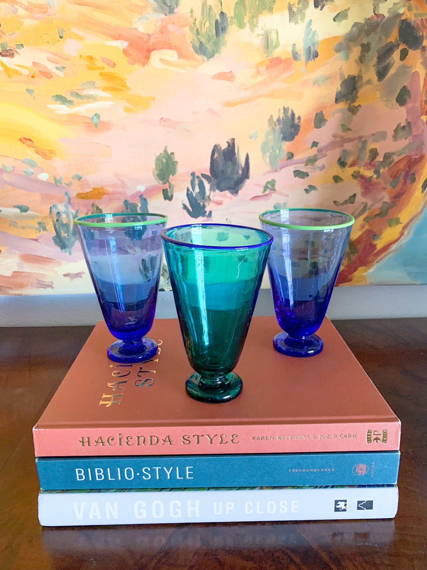 Teal and Cobalt Blue rimmed blown glass vessel