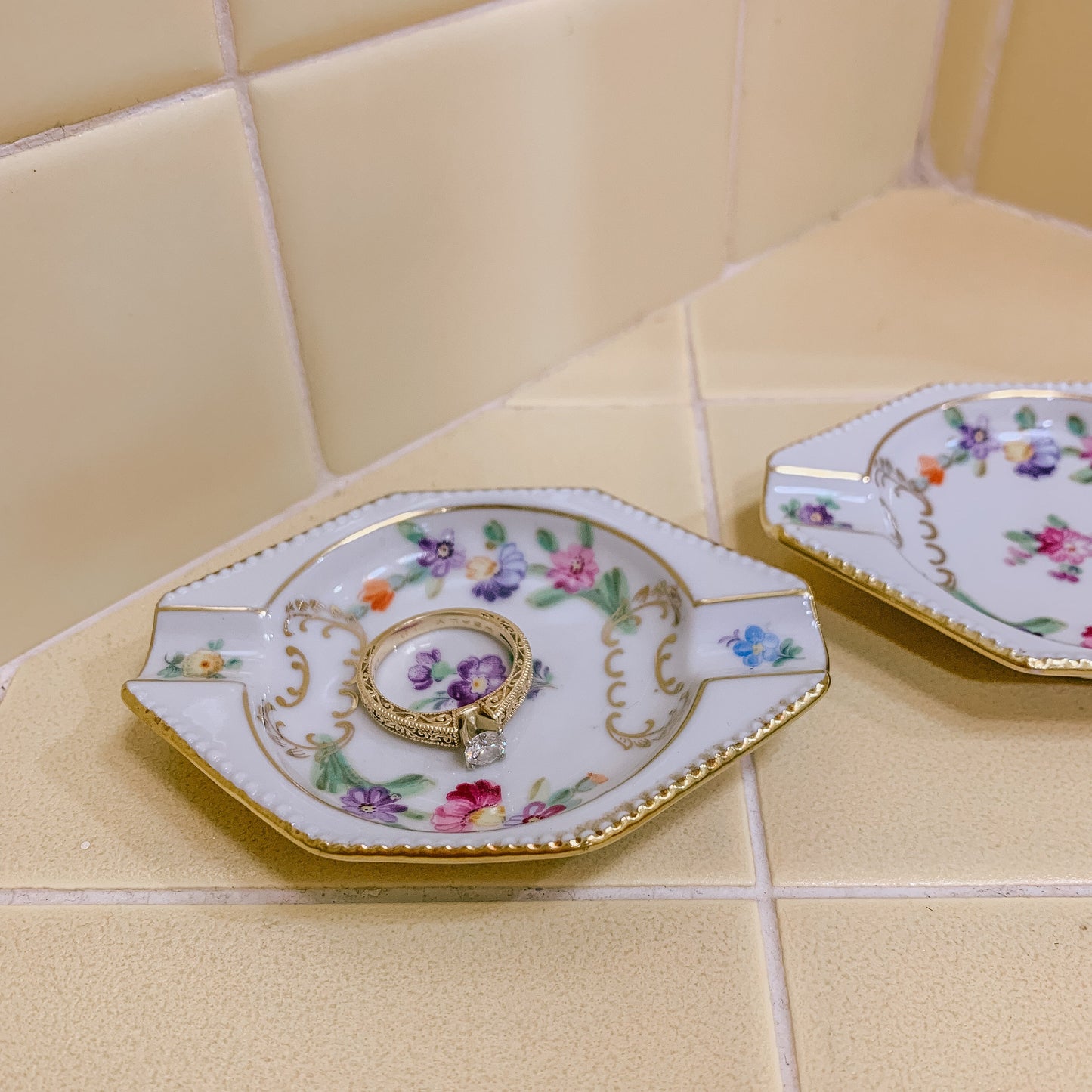 1950s Schumann Dresden Flowers Porcelain Ring Catchall Dishes - a Pair