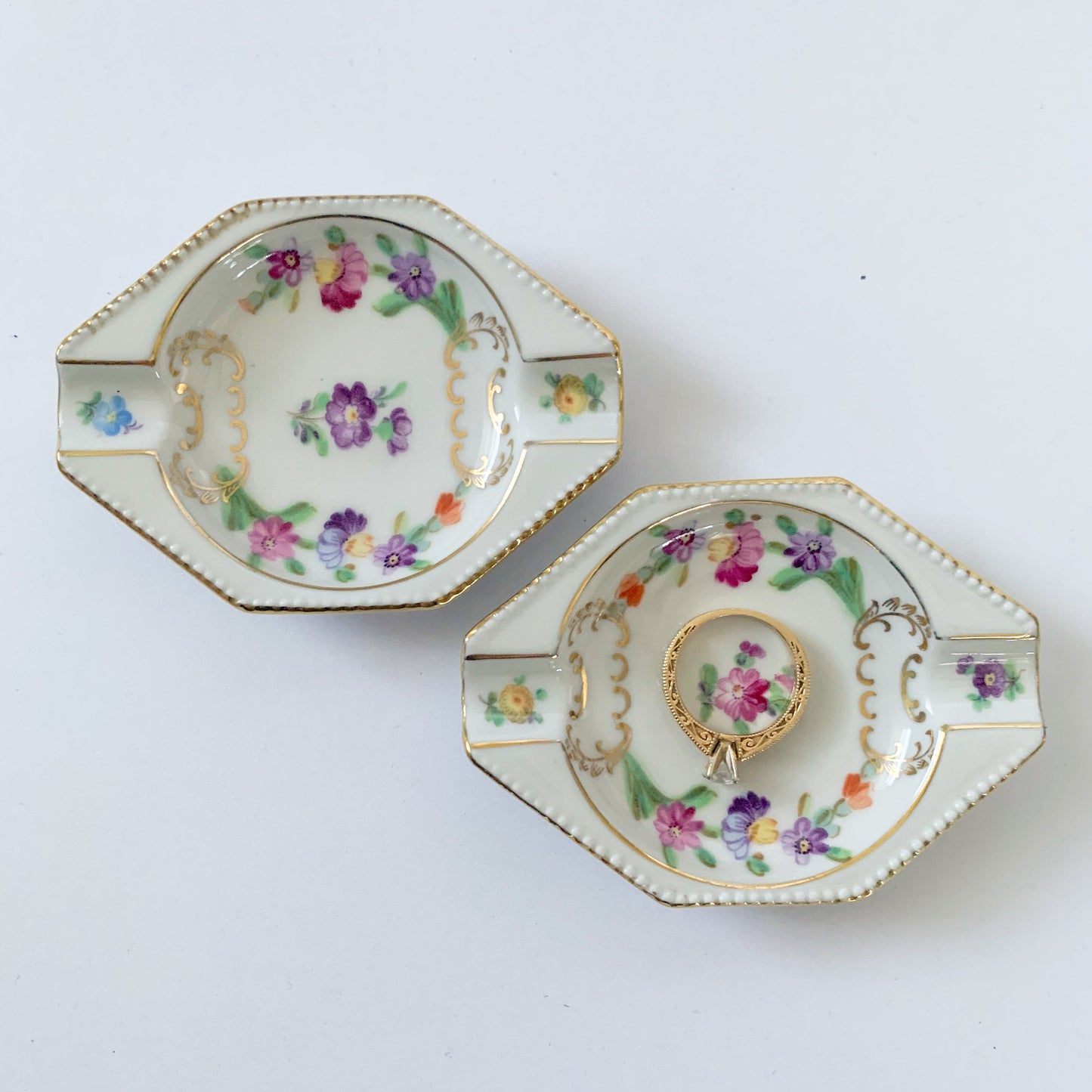 1950s Schumann Dresden Flowers Porcelain Ring Catchall Dishes - a Pair