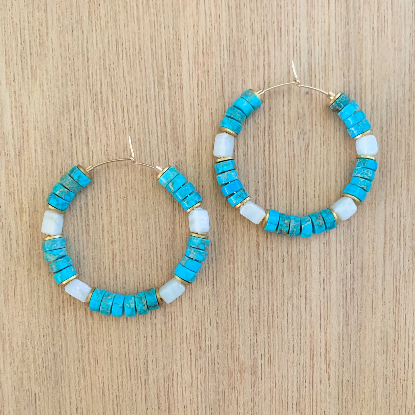 Turquoise and White Hoop Earrings