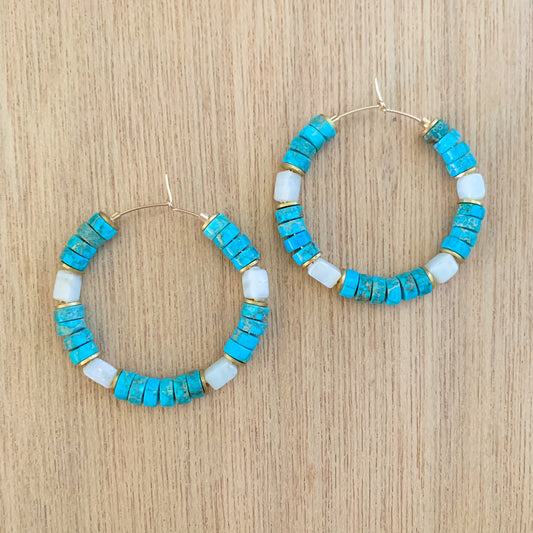 Turquoise and White Hoop Earrings