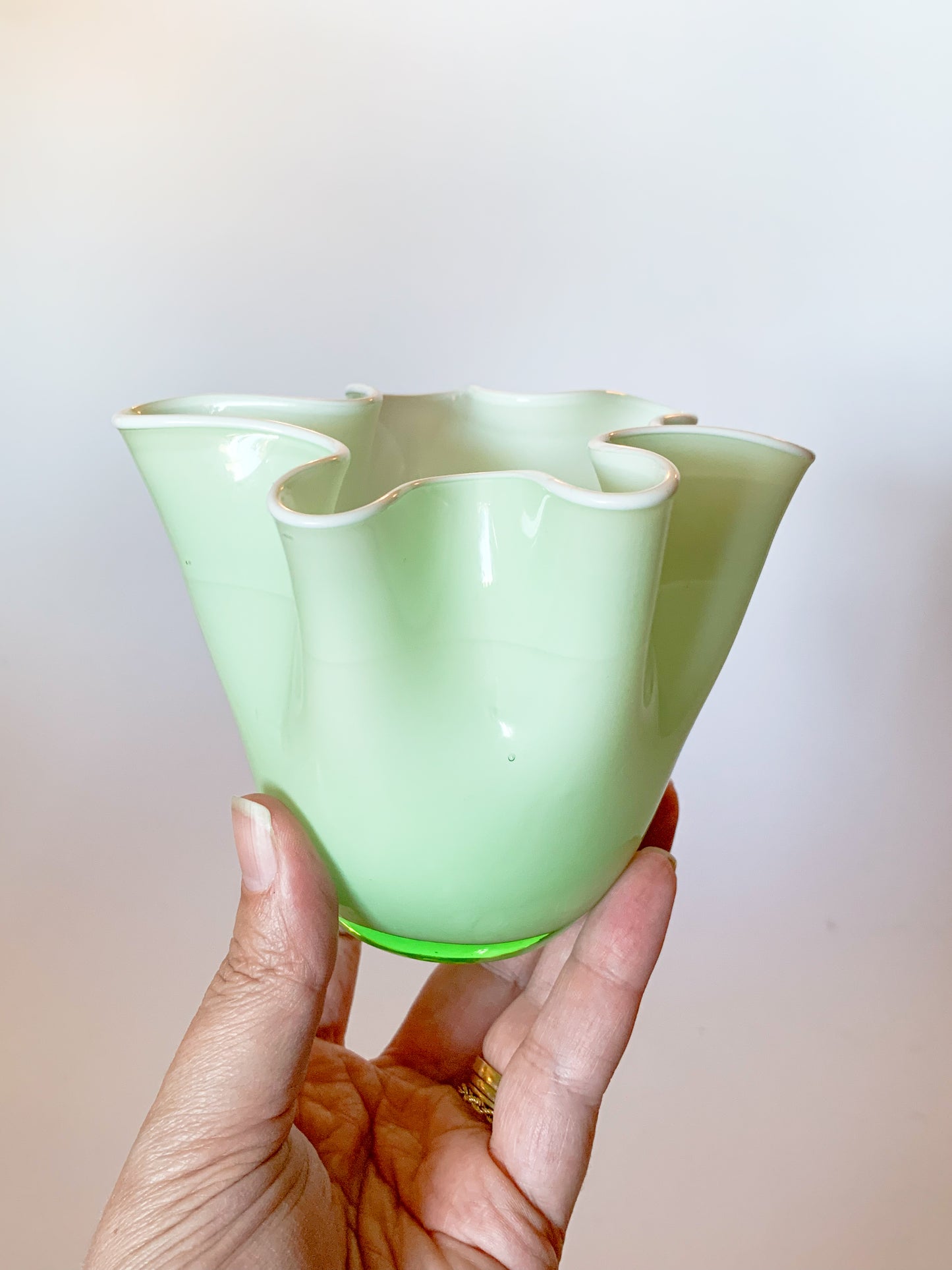 Mint Green Blown Glass Fazzaletto Handkerchief Vase in the Style of Venini