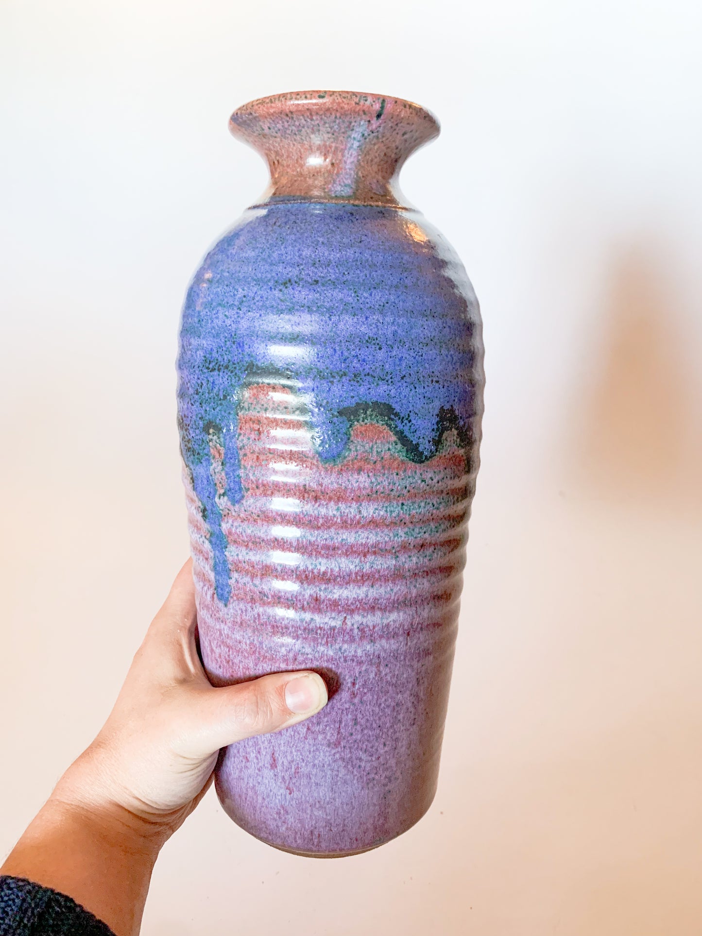 1950's Large Purple Drip Glaze Studio Pottery Art Vase, Signed