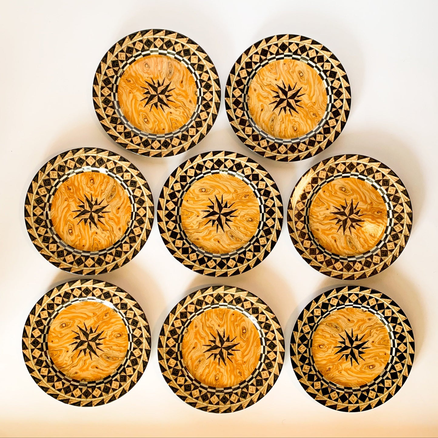 Vintage Emilio Bergamin Taitu Italy Legno Faux Bois Compass Dinner Plates- Set of 8