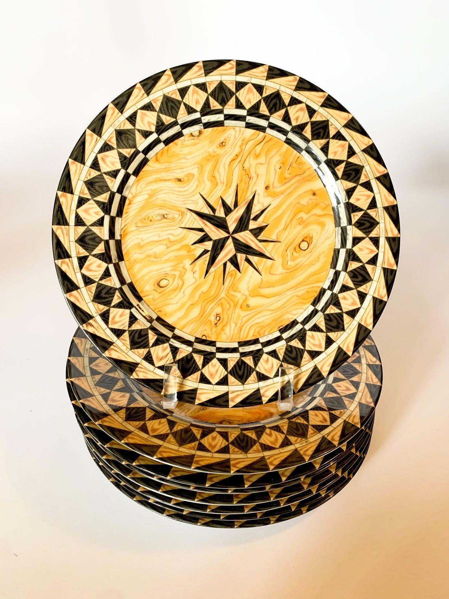 Vintage Emilio Bergamin Taitu Italy Legno Faux Bois Compass Dinner Plates- Set of 8