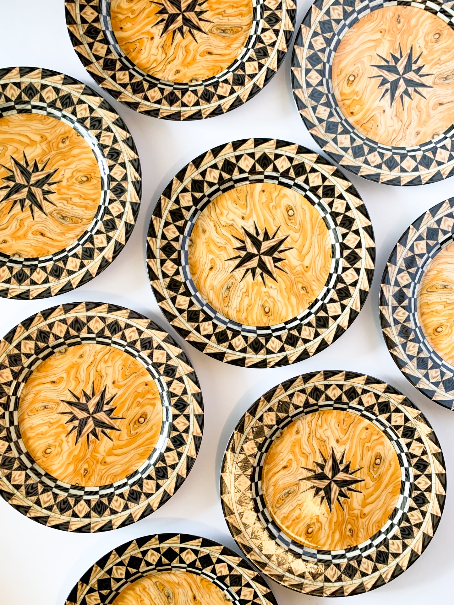 Vintage Emilio Bergamin Taitu Italy Legno Faux Bois Compass Dinner Plates- Set of 8