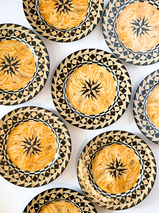 Vintage Emilio Bergamin Taitu Italy Legno Faux Bois Compass Dinner Plates- Set of 8