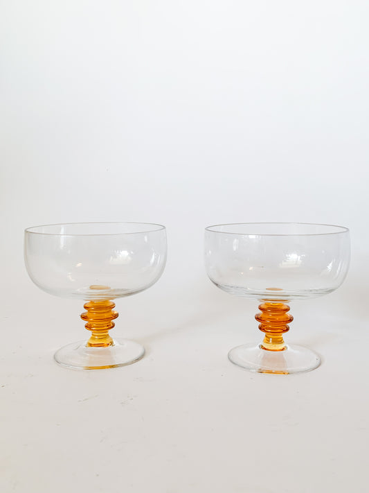 Vintage Pair of Yellow Beehive Stemmed Crystal Coupes