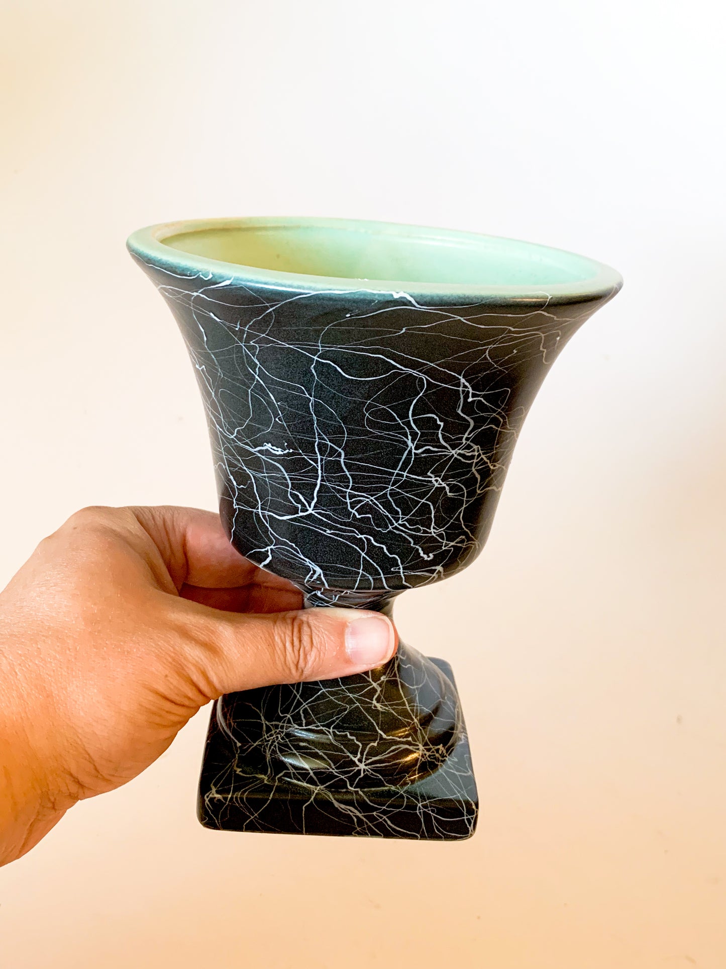 Mid-Century Modern Black Splatterware Pedestal Urn Vase