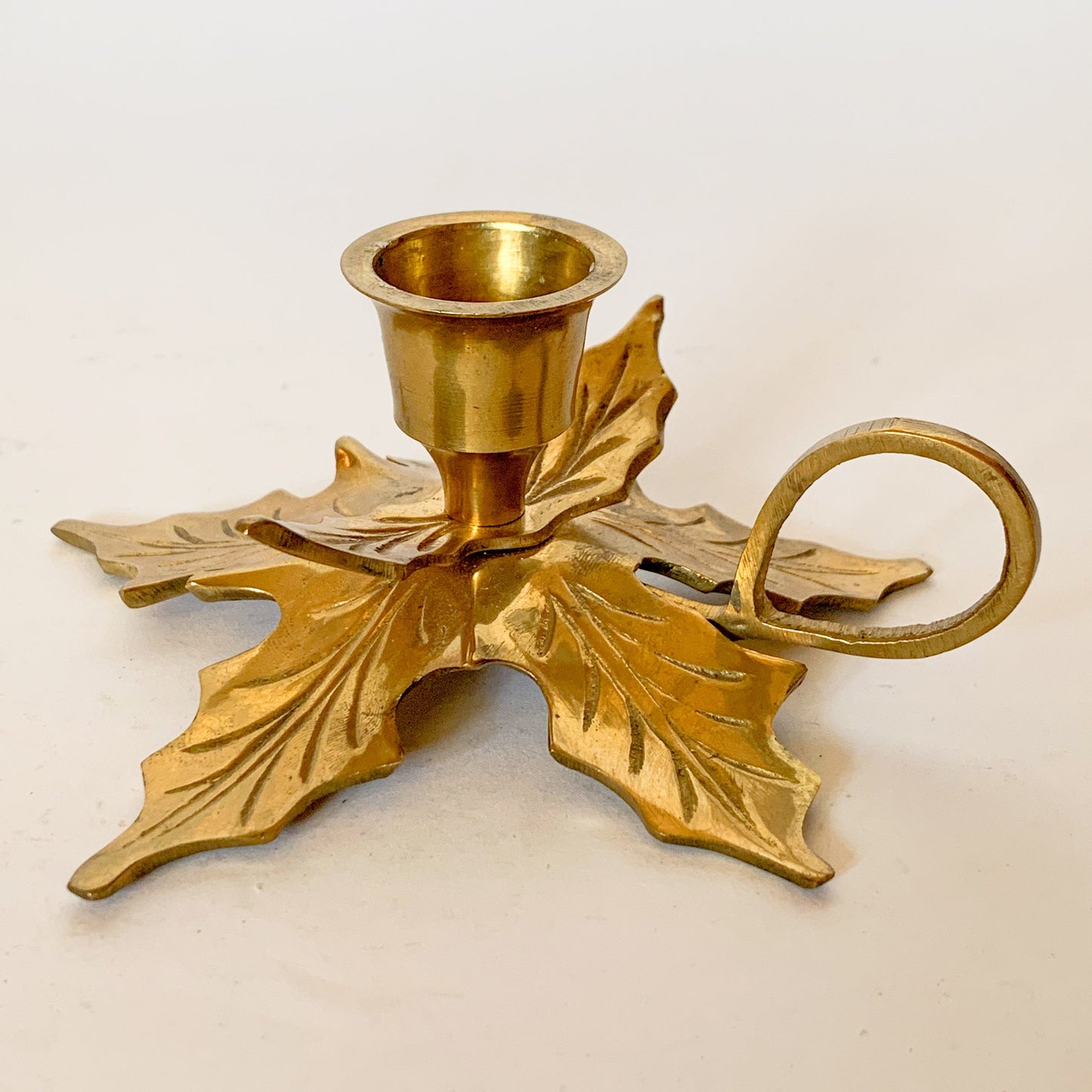 Vintage Brass Holly Candlestick Holder