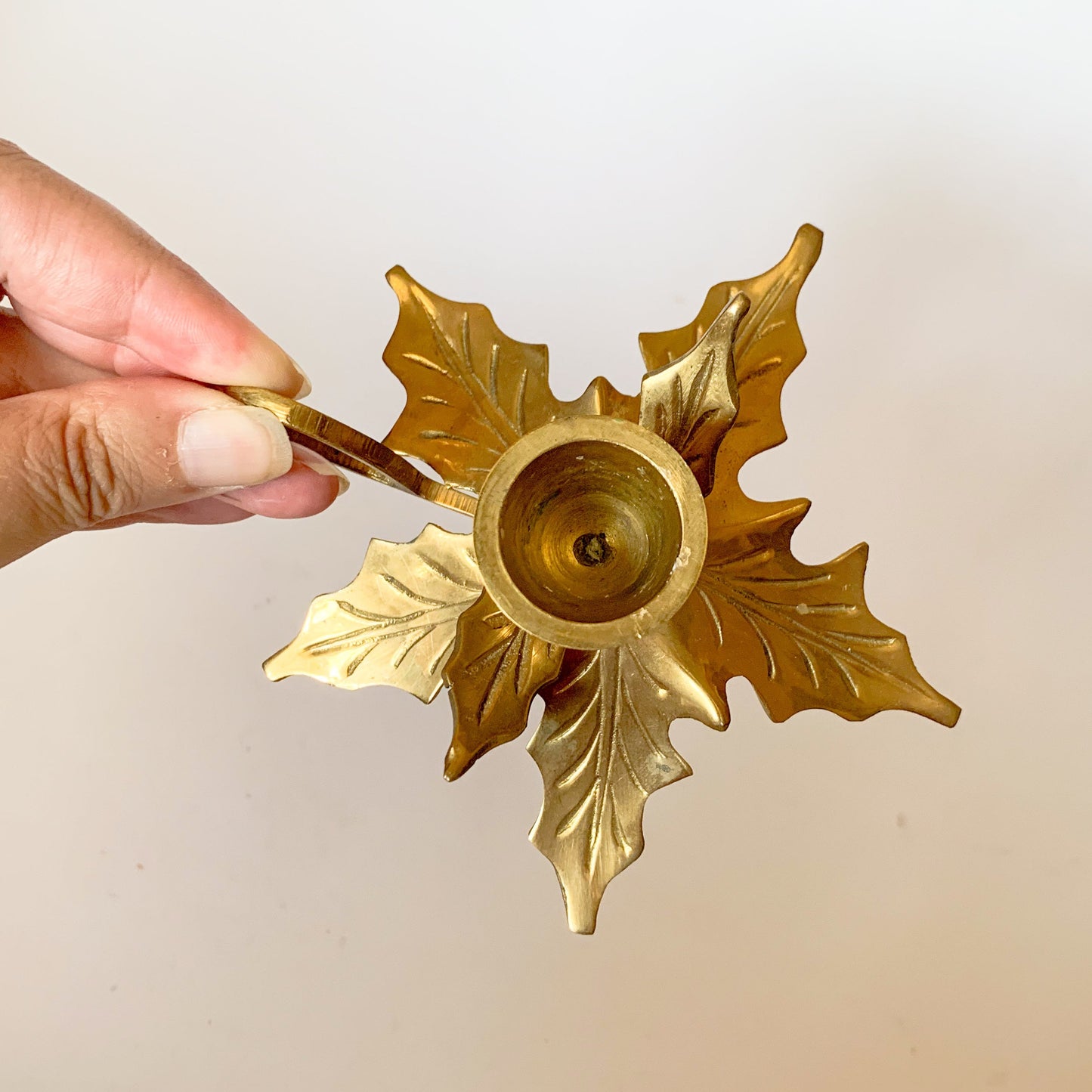 Vintage Brass Holly Candlestick Holder