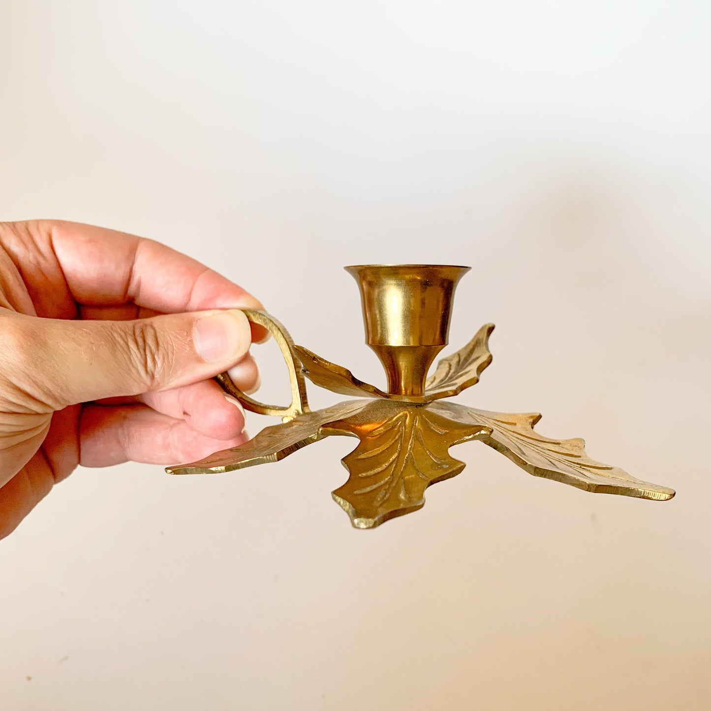 Vintage Brass Holly Candlestick Holder