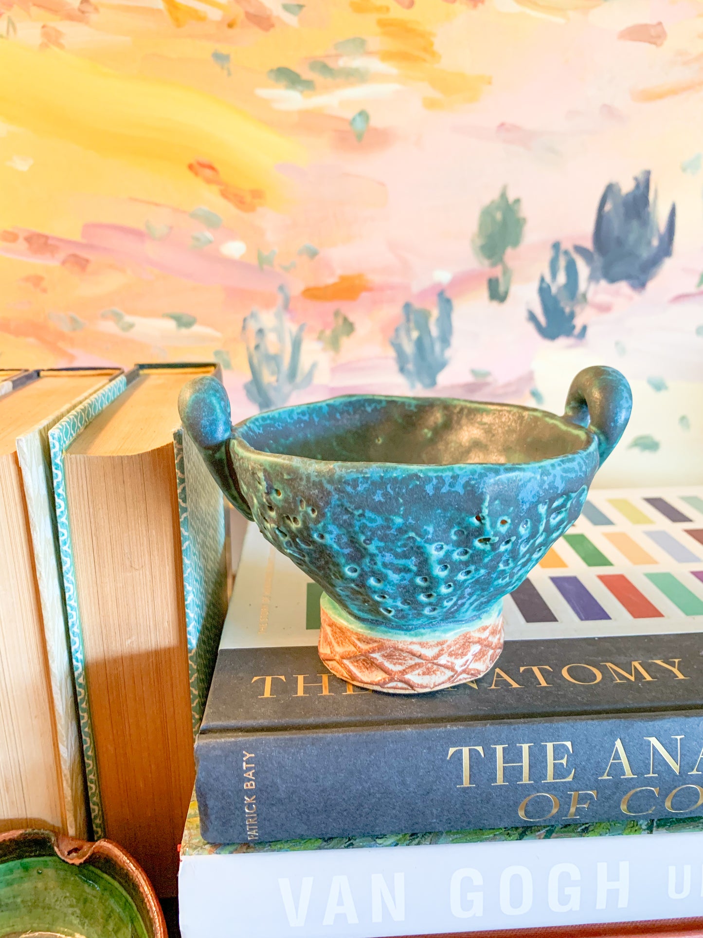 Studio Pottery Signed Teal Footed Vessel