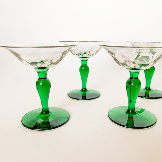 Antique Art Nouveau Green Blown Glass Coupes - Set of 4