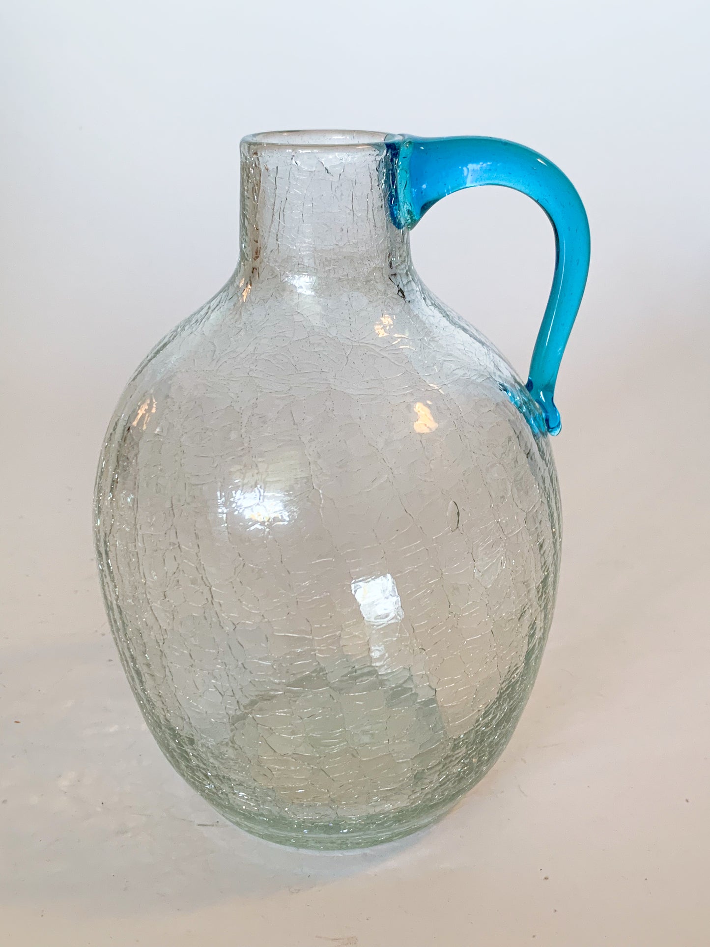 1950s Blenko #417 Clear Crackle Blown Glass Jug, Blue Handle