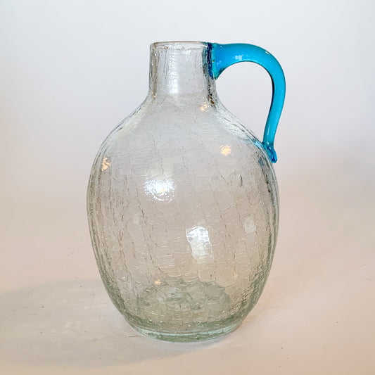 1950s Blenko #417 Clear Crackle Blown Glass Jug, Blue Handle