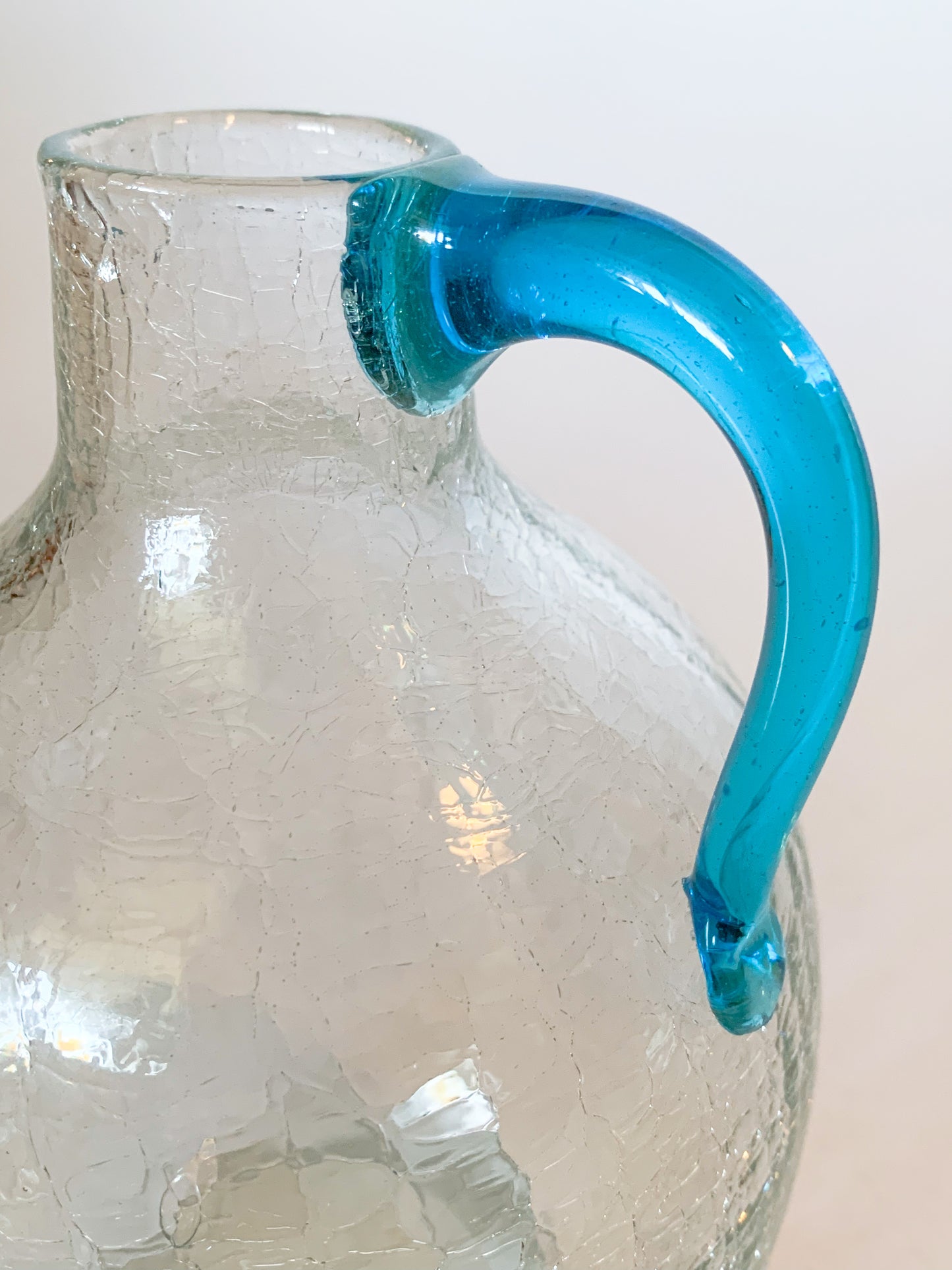 1950s Blenko #417 Clear Crackle Blown Glass Jug, Blue Handle