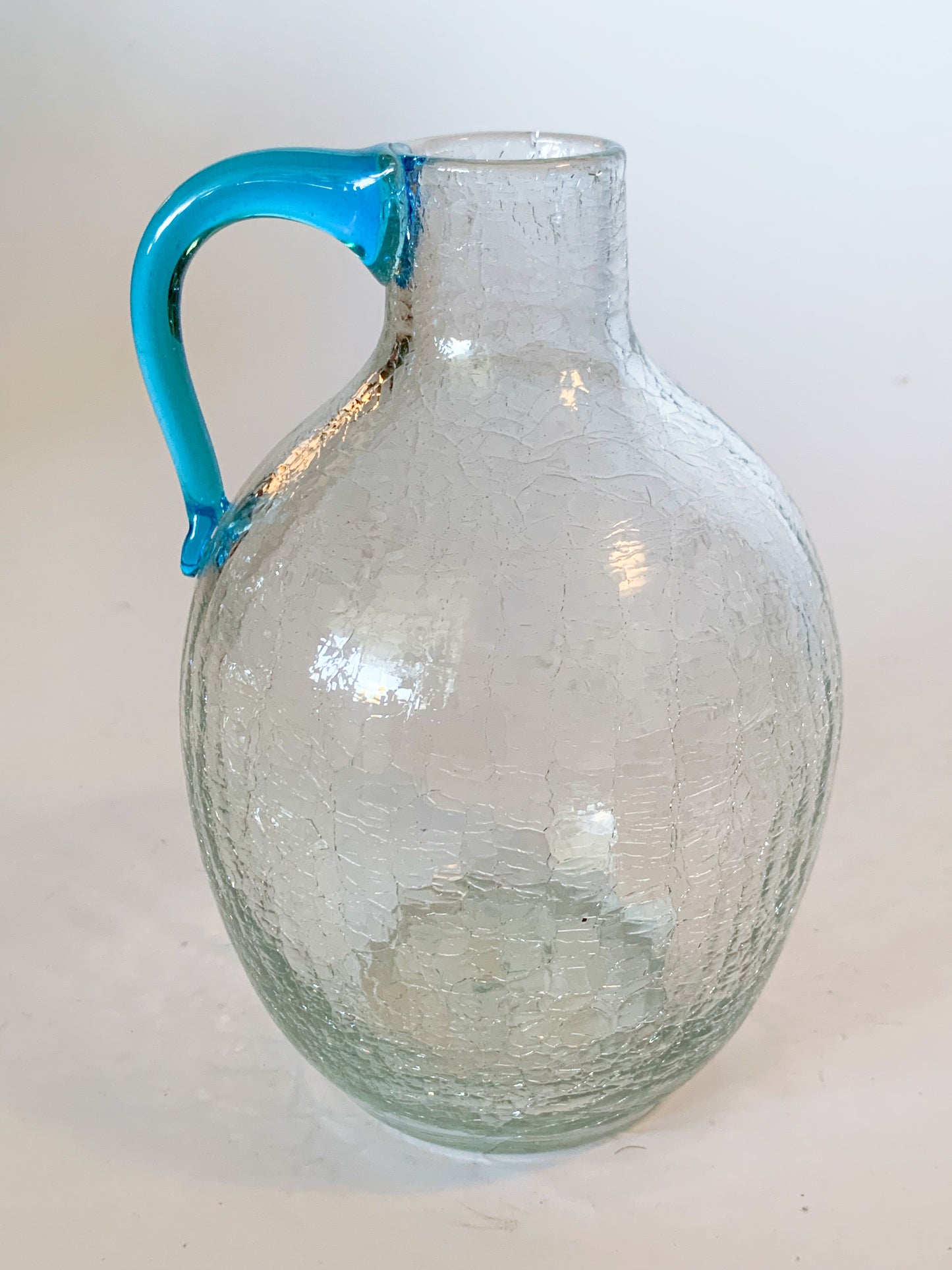 1950s Blenko #417 Clear Crackle Blown Glass Jug, Blue Handle
