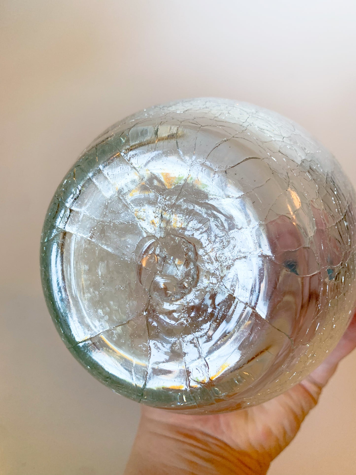 1950s Blenko #417 Clear Crackle Blown Glass Jug, Blue Handle