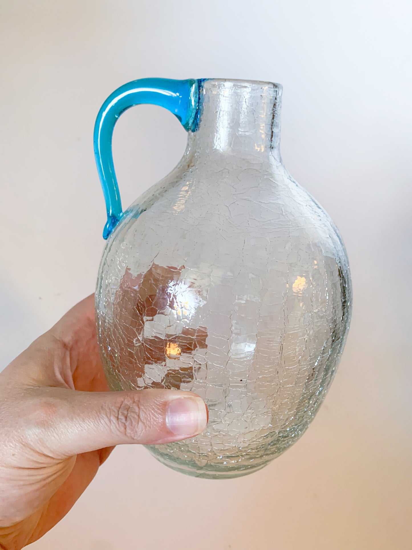 1950s Blenko #417 Clear Crackle Blown Glass Jug, Blue Handle