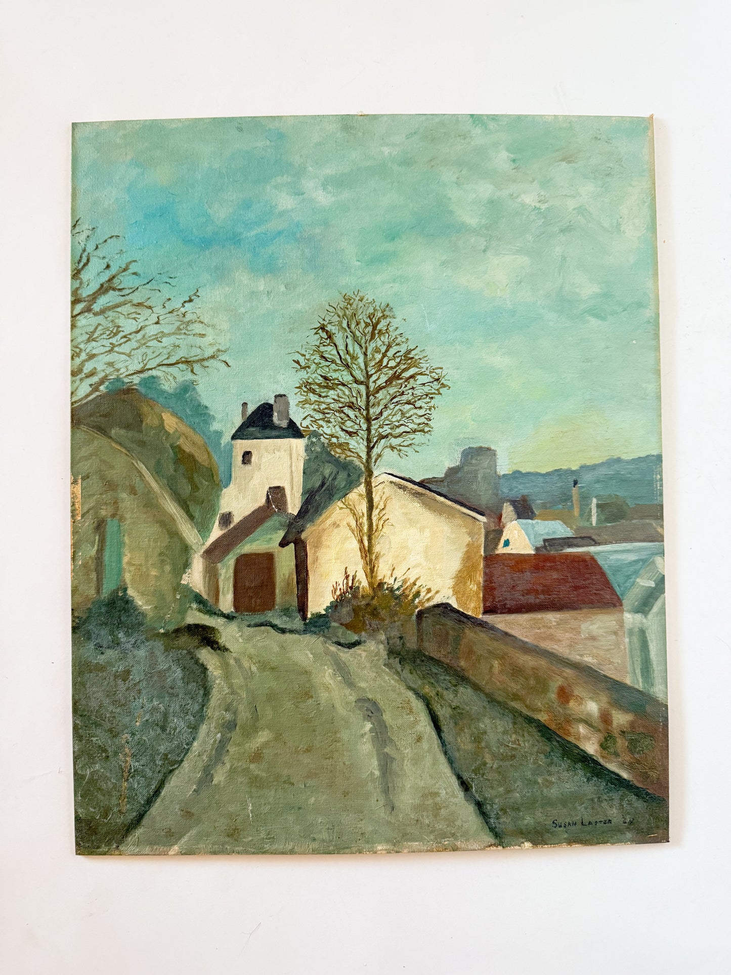 Vintage Original European Village Painting on Board, 16x20