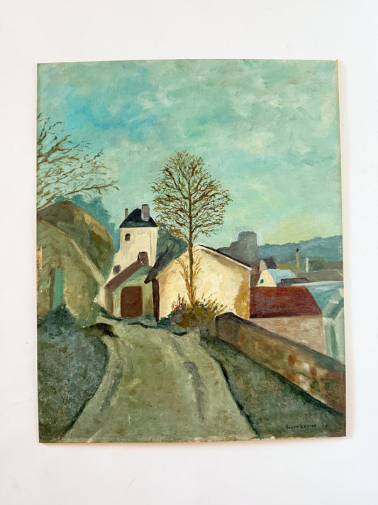 Vintage Original European Village Painting on Board, 16x20