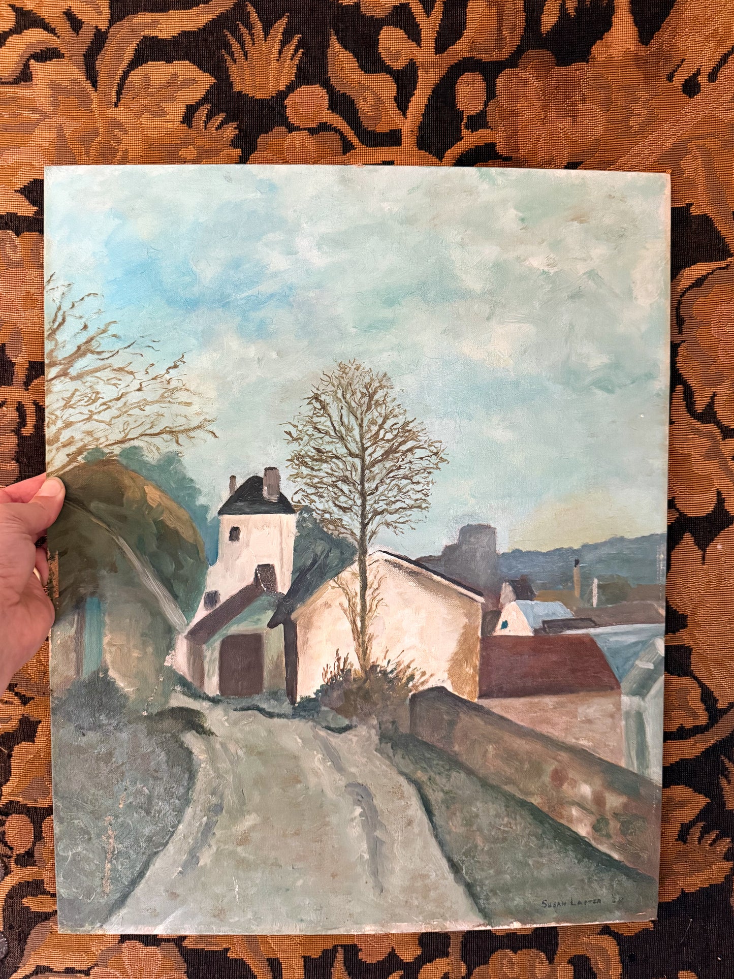 Vintage Original European Village Painting on Board, 16x20