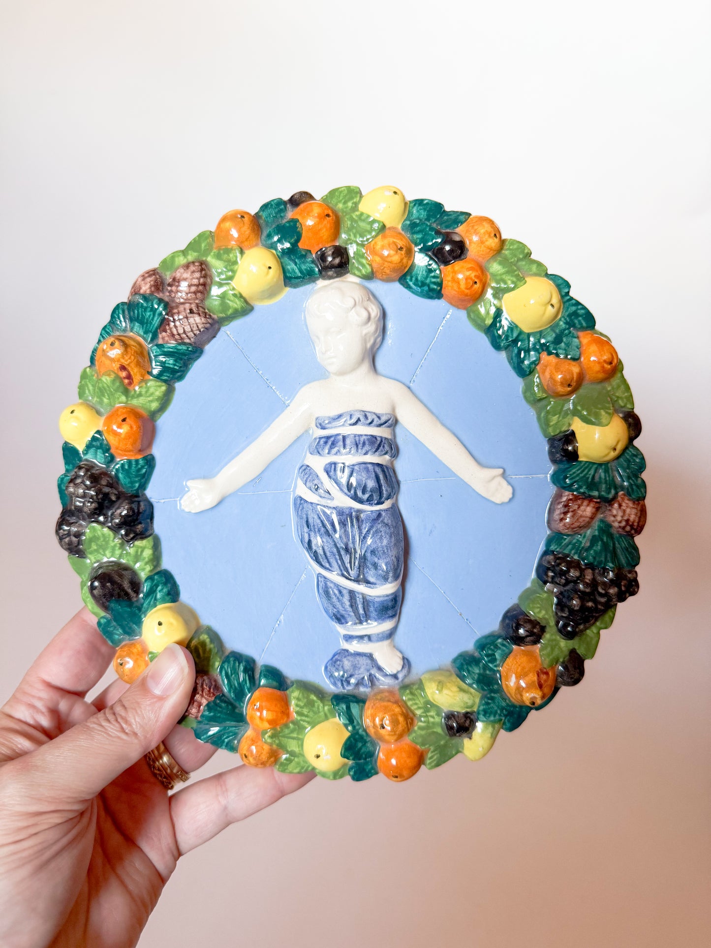 1960s Italian Ceramic della Robbia Style Wall Plaque