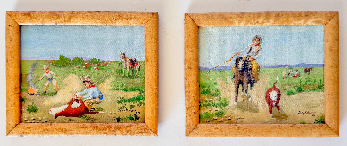 Miniature Western Oil Paintings in Birdseye Maple Frames, Signed, 1970s - A Pair