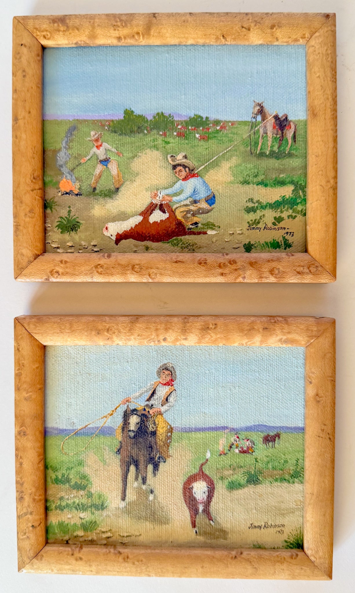 Miniature Western Oil Paintings in Birdseye Maple Frames, Signed, 1970s - A Pair