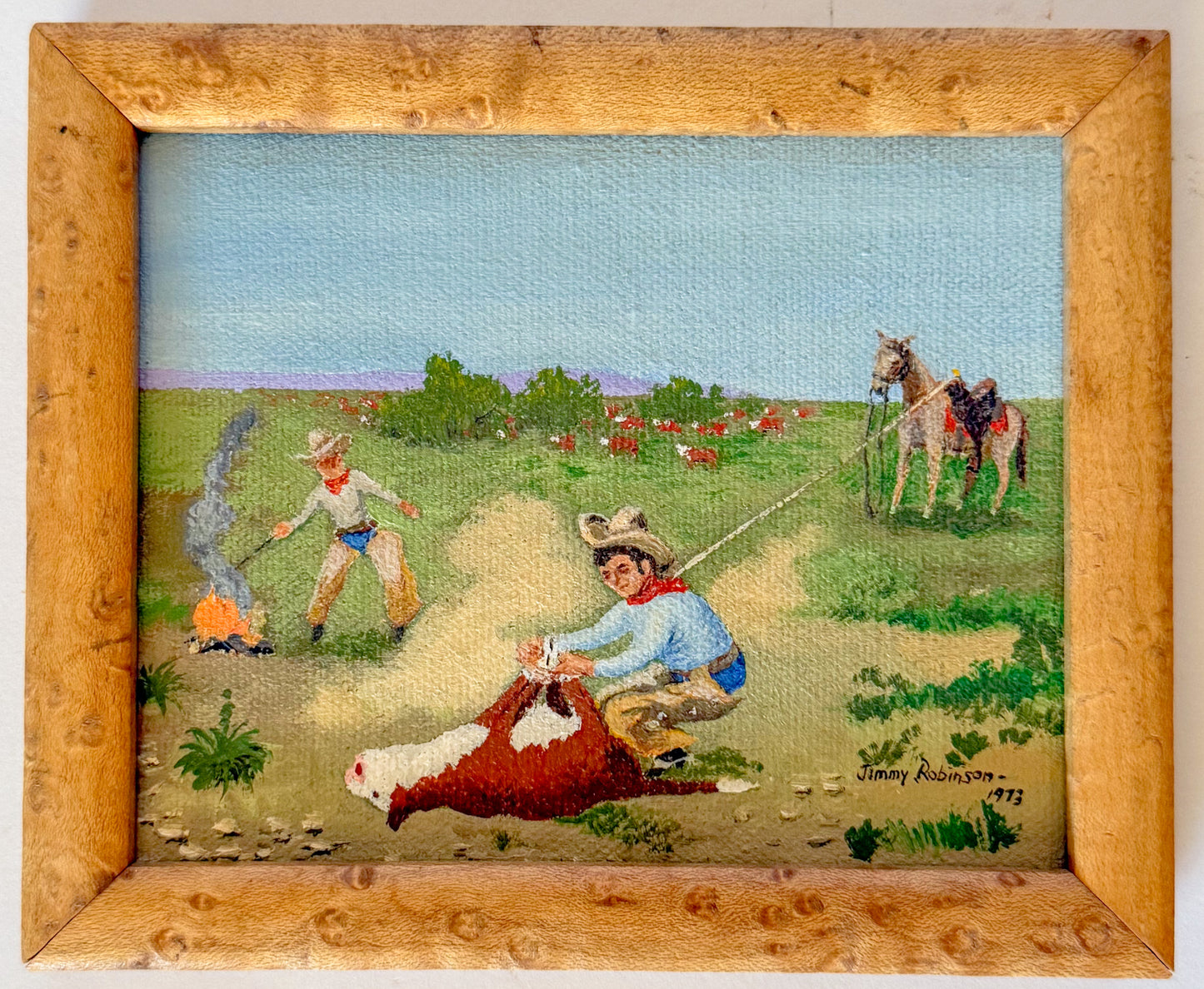 Miniature Western Oil Paintings in Birdseye Maple Frames, Signed, 1970s - A Pair