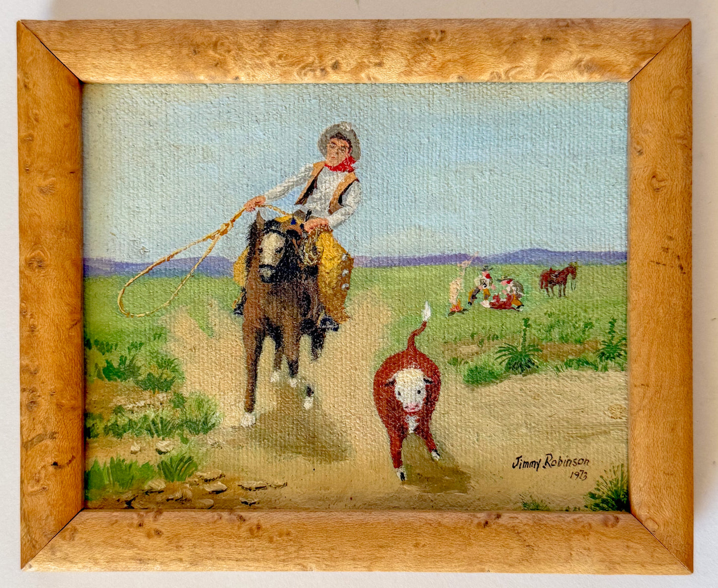 Miniature Western Oil Paintings in Birdseye Maple Frames, Signed, 1970s - A Pair