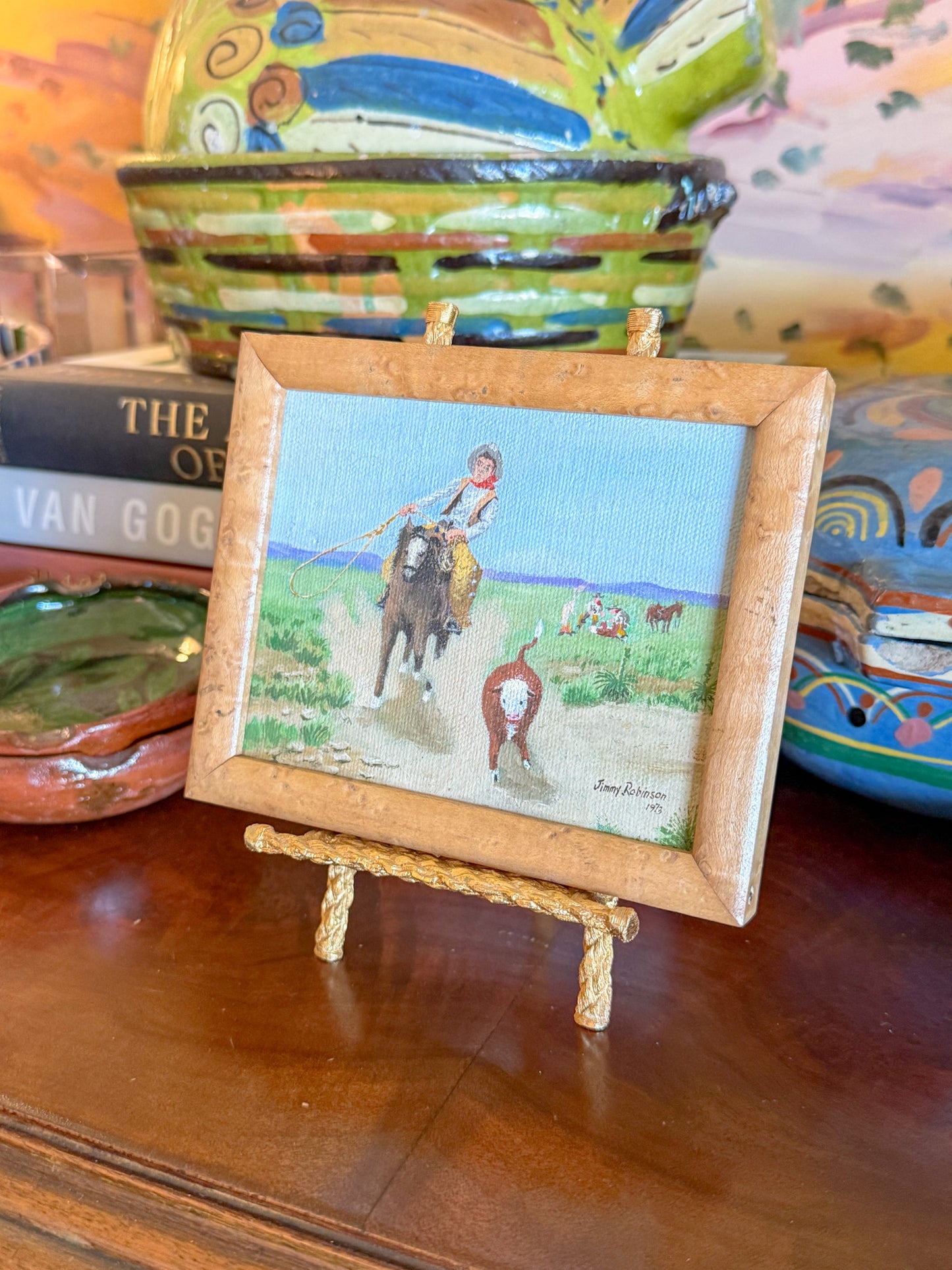 Miniature Western Oil Paintings in Birdseye Maple Frames, Signed, 1970s - A Pair
