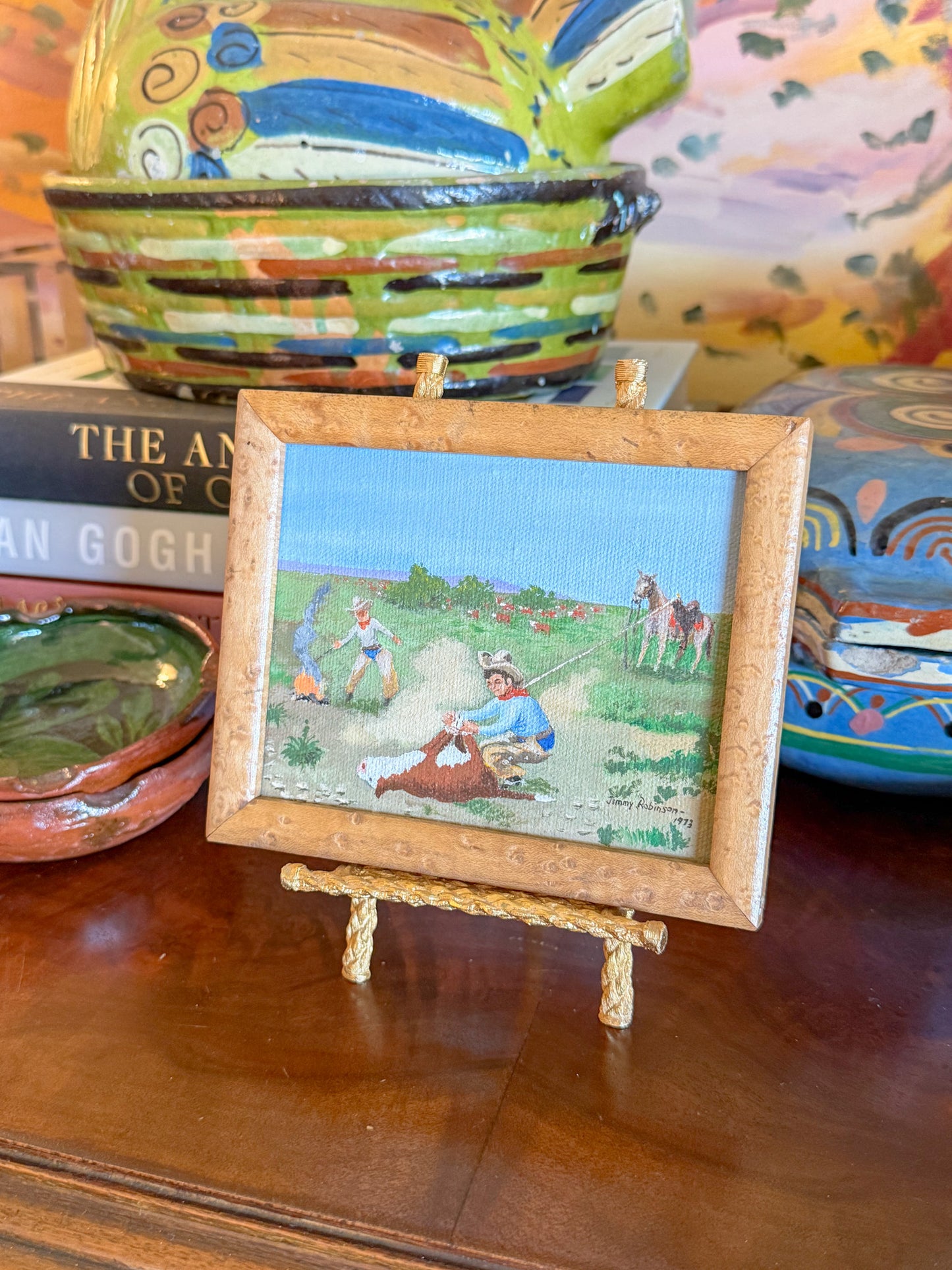 Miniature Western Oil Paintings in Birdseye Maple Frames, Signed, 1970s - A Pair