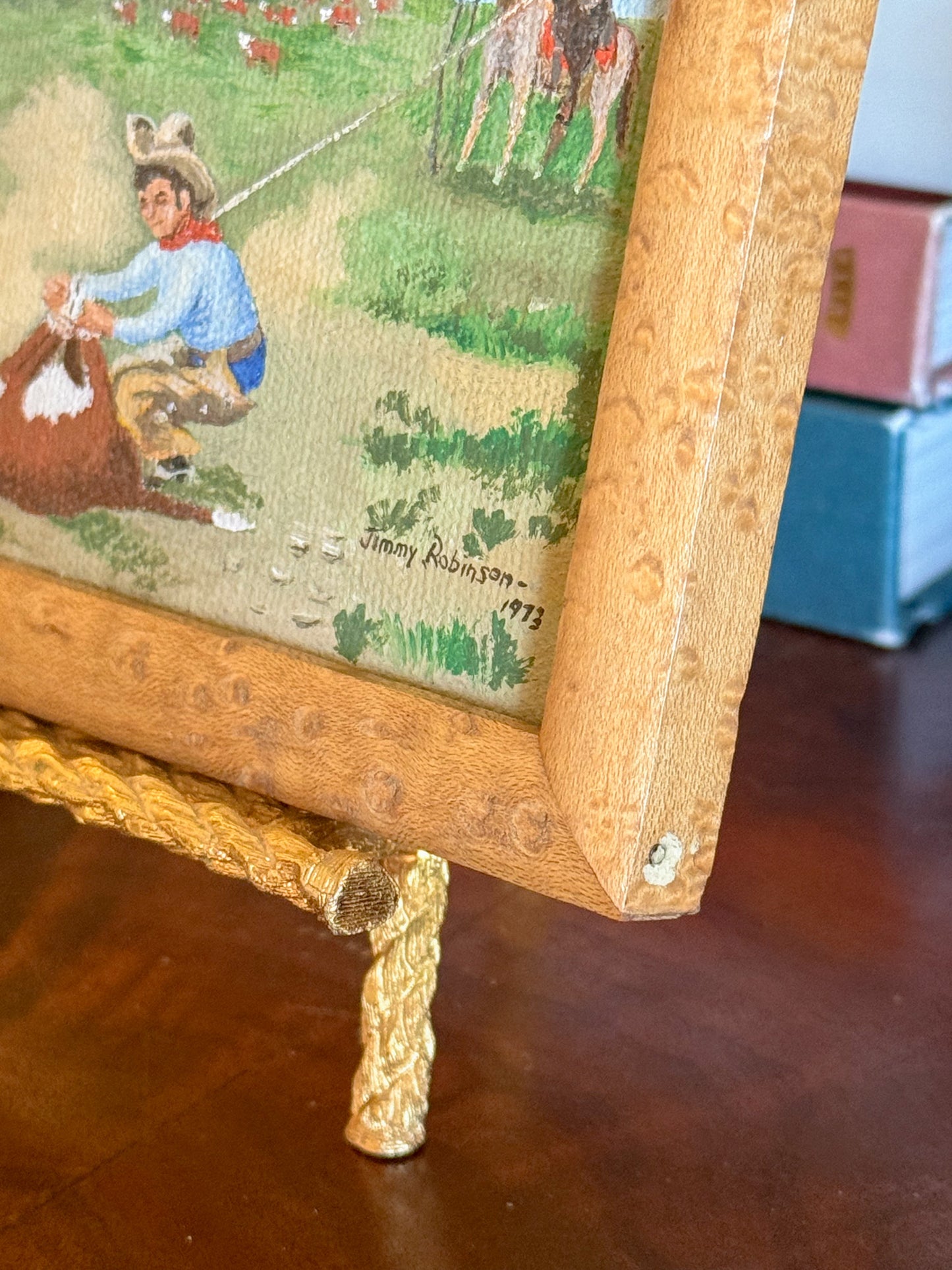 Miniature Western Oil Paintings in Birdseye Maple Frames, Signed, 1970s - A Pair