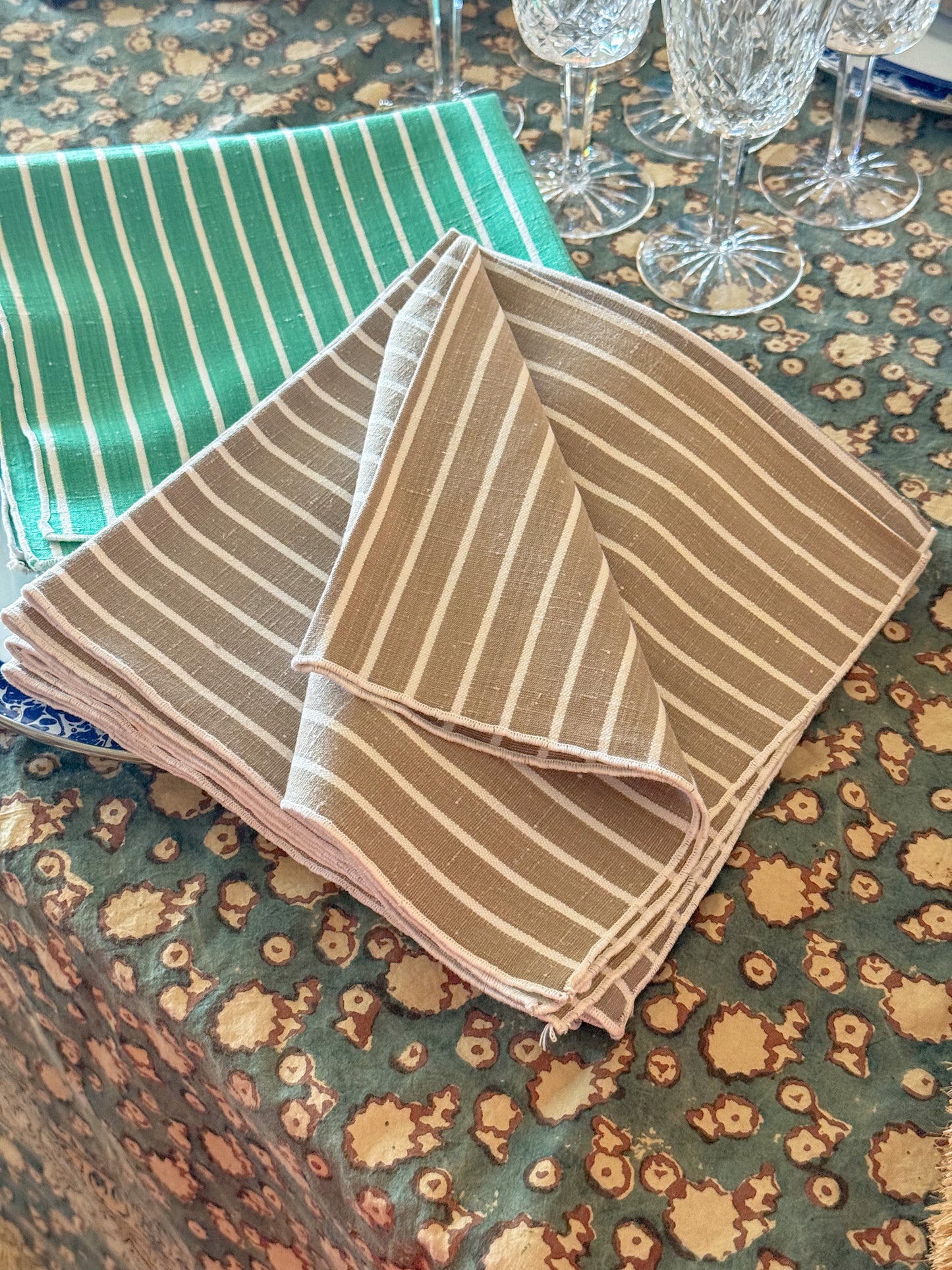 Oatmeal and White Striped Cotton Cloth Napkins, Set of 6